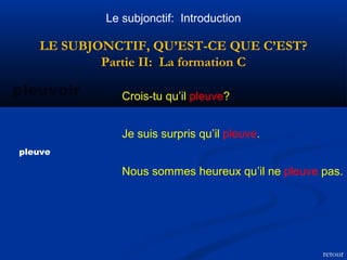 Le subjonctif: Introduction 
LE SUBJONCTIF, QU’EST-CE QUE C’EST? 
Partie II: La formation C 
pleuvoir Crois-tu qu’il pleuve? 
pleuve 
Je suis surpris qu’il pleuve. 
Nous sommes heureux qu’il ne pleuve pas. 
retour 
 