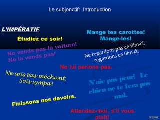 Le subjonctif: Introduction 
L’IMPÉRATIF 
Étudiez ce soir! 
Mange tes carottes! 
Mange-les! 
N’aie pas peur! Le 
c hien ne te fera pas 
mal. 
Ne vends pas la voiture! 
Ne la vends pas! 
Ne sois pas méchant. 
Sois sympa! 
Attendez-moi, s’il vous 
plaît! 
Finissons nos devoirs. 
Ne regardons pas ce film-ci! 
regardons ce film-là. 
Ne lui parlons pas. 
retour 
 