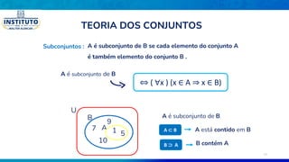 Subconjuntos : A é subconjunto de B se cada elemento do conjunto A
é também elemento do conjunto B .
A é subconjunto de B
A 1 5
7
9
10
B
U
A é subconjunto de B
A está contido em B
B contém A
TEORIA DOS CONJUNTOS
⇔ ( ∀x ) (x ∈ A ⇒ x ∈ B)
A ⊂ B
B ⊃ A
12
 