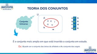 Conjunto
Universo
 A
b  A
e  A
w A
A
a e i
o u
b
w
U
a
É o conjunto mais amplo em que está inserido o conjunto em estudo.
Ex: U pode ser o conjunto das letras do alfabeto e A o conjunto das vogais
TEORIA DOS CONJUNTOS
7
 