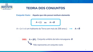 A = { x I x é um habitante da Terra com mais de 200 anos }
Conjunto Vazio : Aquele que não possui nenhum elemento
A = { }
OBS: Conjunto unitário da letra norueguesa Ǿ
Não representa um conjunto vazio
A = Ǿ
ou A = Ǿ
A = {Ǿ }
TEORIA DOS CONJUNTOS
9
 