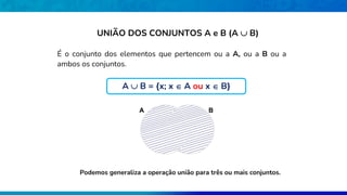 É o conjunto dos elementos que pertencem ou a A, ou a B ou a
ambos os conjuntos.
B
A
Podemos generaliza a operação união para três ou mais conjuntos.
UNIÃO DOS CONJUNTOS A e B (A  B)
A  B = {x; x  A ou x  B}
 