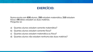 Numa escola com 630 alunos, 250 estudam matemática, 210 estudam
física e 90 deles estudam as duas matérias.
Pergunta-se:
a) Quantos alunos estudam somente matemática?
b) Quantos alunos estudam somente física?
c) Quantos alunos estudam matemática ou física?
d) Quantos alunos não estudam nenhuma das duas matérias?
EXERCÍCIO:
 