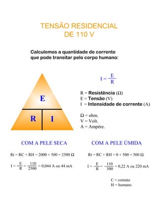 TENSÃO RESIDENCIAL
DE 110 V
Calculemos a quantidade de corrente
que pode transitar pelo corpo humano:
E
R I
I =
E
R
R = Resistência (Ω)
E = Tensão (V)
I = Intensidade de corrente (A)
Ω = ohm.
V = Volt.
A = Ampére.
COM A PELE SECA COM A PELE ÚMIDA
Rt = RC + RH = 2000 + 500 = 2500 Ω Rt = RC + RH = 0 + 500 = 500 Ω
I = = = 0,044 A ou 44 mA
E 110
R 2500
I = = = 0,22 A ou 220 mA
E 110
R 500
C = contato
H = humano
 