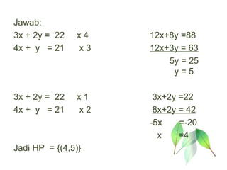 Jawab:
3x + 2y = 22   x4   12x+8y =88
4x + y = 21    x3   12x+3y = 63
                        5y = 25
                         y=5

3x + 2y = 22   x1    3x+2y =22
4x + y = 21    x2    8x+2y = 42
                    -5x    =-20
                      x    =4
Jadi HP = {(4,5)}
 