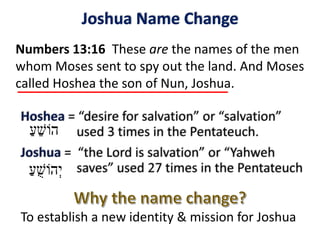 Numbers 13:16 These are the names of the men
whom Moses sent to spy out the land. And Moses
called Hoshea the son of Nun, Joshua.
Joshua Name Change
To establish a new identity & mission for Joshua
ַ‫ע‬ֻׁ‫הֹוש‬ְ‫י‬
ַ‫ע‬ ֵׁ‫הֹוש‬
 