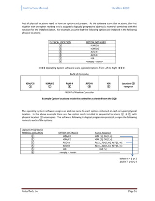 Instruction Manual FlexRax 4000
InstruTech, Inc. Page 26
Not all physical locations need to have an option card present. As the software scans the locations, the first
location with an option residing in it is assigned a logically progressive address (a numeral) combined with the
notation for the installed option. For example, assume that the following options are installed in the following
physical locations:
PHYSICAL LOCATION OPTION INSTALLED
① IGM/CG
② IGM/CG
③ AI/O-R
④ AI/O-R
⑤ IGR
⑥ <empty – none>
→→→ Operating System software scans available Options from Left to Right →→→
BACK of Controller
IGM/CG
①
IGM/CG
②
AI/O-R
③
AI/O-R
④
IGR
⑤
Location ⑥
<empty>
FRONT of FlexRax Controller
Example Option locations inside the controller as viewed from the TOP
The operating system software assigns an address name to each option contained at each occupied physical
location. In the above example there are five option cards installed in sequential locations ① → ⑤ with
physical location ⑥ unoccupied. The software, following its logical progression protocol, assigns the following
names to each of the options:
Logically Progressive
PHYSICAL LOCATION OPTION INSTALLED Name Assigned
① IGM/CG IGM [1], CG [1,n]
② IGM/CG IGM [2], CG [2,n]
③ AI/O-R AI [3], AO [3,m], RLY [3, m]
④ AI/O-R AI [4], AO [4,m], RLY [4, m]
⑤ IGR IGR [5]
⑥ <empty – none> ---------------------------
Where n = 1 or 2
and m = 1 thru 4
 