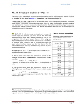 Instruction Manual FlexRax 4000
InstruTech, Inc. Page 77
3.6.1.4.6 Analog Output - Log-Linear IG 0-10V, n = 12
The analog output voltage types described below represent the pressure displayed for the selected IG option
for nitrogen / air only. Refer to Section 4 if you are using a gas other than nitrogen/air.
The Log-Linear IG 0-10V, n = 12 is one of the available analog output scaling selections for the various Ion
Gauge options. This selection assigns the analog output scaling for any of the selected IG options to allow the
user to calculate the measured pressure from the selected IG. The mathematical relationship of pressure and
analog output voltage as well as a table and chart to describe this function over the allowed pressure
measurement range are given below.
CAUTION! In order that you prevent equipment damage and
possible injury to personnel, you must ensure that measured
pressure readings of the device are corrected for the type of gas
composition that is in your vacuum chamber. When using gas
dependent-type pressure measurement devices such as a convection
or ionization gauge transducer, refer to the correction charts and
tables within this User Manual and the User Manual for the
connected device you are using when measuring pressure of gases
other than nitrogen/air.
Analog Output: P= 10
(volts – n)
Log-Linear 0-10 V, n=12 with 1 volt per
decade output signal characteristic.
A) The log-linear output signal and pressure are related by the
following formulas when Pressure Unit of measurement is in Torr
and mbar:
P= 10
(volts – 12)
V= log10(P) + 12
, where P is the pressure in Torr or mbar, and V is the output signal in
volts.
B) The log-linear output signal and pressure are related by the
following formulas when Pressure Unit of measurement is in pascals
(Pa):
P= 10
(volts - 10)
V= log10(P) + 10
, where P is the approximate pressure in pascals (Pa), and V is the
output signal in volts.
Table 3 - Log-Linear Analog Output
(Applies to all IGs when programmed for the
Log-Linear 0-10V, n = 12 analog output
with N2/air only)
Pressure (Torr)
Voltage
(VDC)
1.0E-12 0.0
24
1.0E-11 1.0
1.0E-10 2.0
1.0E-09 3.0
1.0E-08 4.0
1.0E-07 5.0
1.0E-06 6.0
1.0E-05 7.0
1.0E-04 8.0
1.0E-03 9.0
1.0E-02 10.0
5.0E-02 10.698
Filament is OFF >11
24
The lowest voltage signal output by the FlexRax is the voltage proportional to the x-ray limit of the B-A ionization gauge
transducer in use. For example, even if your vacuum system can be pumped to a pressure less than 1.0E-10 torr, it will not
be possible to measure that pressure if the x-ray limit of your B-A IG is, say, 3 or 4 E-10 torr.
 