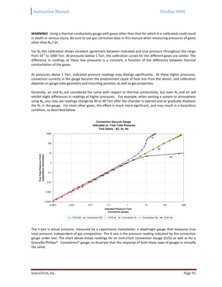Instruction Manual FlexRax 4000
InstruTech, Inc. Page 91
WARNING! Using a thermal conductivity gauge with gases other than that for which it is calibrated could result
in death or serious injury. Be sure to use gas correction data in this manual when measuring pressures of gases
other than N2 / air.
For N2 the calibration shows excellent agreement between indicated and true pressure throughout the range
from 10
-4
to 1000 Torr. At pressures below 1 Torr, the calibration curves for the different gases are similar. The
difference in readings at these low pressures is a constant, a function of the difference between thermal
conductivities of the gases.
At pressures above 1 Torr, indicated pressure readings may diverge significantly. At these higher pressures,
convection currents in the gauge become the predominant cause of heat loss from the sensor, and calibration
depends on gauge tube geometry and mounting position, as well as gas properties.
Generally, air and N2 are considered the same with respect to thermal conductivity, but even N2 and air will
exhibit slight differences in readings at higher pressures. For example, when venting a system to atmosphere
using N2, you may see readings change by 30 to 40 Torr after the chamber is opened and air gradually displaces
the N2 in the gauge. For most other gases, the effect is much more significant, and may result in a hazardous
condition, as described below.
The Y-axis is actual pressure, measured by a capacitance manometer, a diaphragm gauge that measures true
total pressure, independent of gas composition. The X-axis is the pressure reading indicated by the convection
gauge under test. The chart above shows readings for an InstruTech Convection Gauge (CVG) as well as for a
Granville-Phillips® Convectron® gauge, to illustrate that the response of both these type of gauges is virtually
the same.
Convection Vacuum Gauge
Indicated vs. True Total Pressure
Test Gases - N2, Ar, He
0.0001
0.001
0.01
0.1
1
10
100
1000
0.0001 0.001 0.01 0.1 1 10 100 1000
Indicated Pressure (Torr)
(convection gauge)
TrueTotalPressure(Torr)
(capacitancemanometer)
CVG N2 Convectron N2 CVG Ar Convectron Ar Convectron He CVG He
Ar
N2
He
 