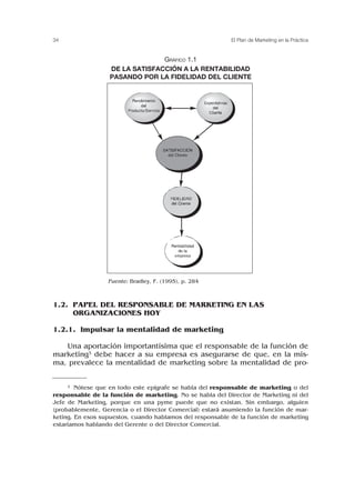 1.2. PAPEL DEL RESPONSABLE DE MARKETING EN LAS
ORGANIZACIONES HOY
1.2.1. Impulsar la mentalidad de marketing
Una aportación importantísima que el responsable de la función de
marketing3 debe hacer a su empresa es asegurarse de que, en la mis-
ma, prevalece la mentalidad de marketing sobre la mentalidad de pro-
34 El Plan de Marketing en la Práctica
GRÁFICO 1.1
DE LA SATISFACCIÓN A LA RENTABILIDAD
PASANDO POR LA FIDELIDAD DEL CLIENTE
Fuente: Bradley, F. (1995), p. 284
3 Nótese que en todo este epígrafe se habla del responsable de marketing o del
responsable de la función de marketing. No se habla del Director de Marketing ni del
Jefe de Marketing, porque en una pyme puede que no existan. Sin embargo, alguien
(probablemente, Gerencia o el Director Comercial) estará asumiendo la función de mar-
keting. En esos supuestos, cuando hablamos del responsable de la función de marketing
estaríamos hablando del Gerente o del Director Comercial.
 