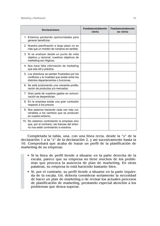 Completada la tabla, una, con una línea recta, desde la “x” de la
declaración 1 a la “x” de la declaración 2, y así sucesivamente hasta la
10. Comprobará que acaba de trazar un perfil de la planificación de
marketing de su empresa:
• Si la línea de perfil tiende a situarse en la parte derecha de la
escala, parece que su empresa no tiene muchos de los proble-
mas que provoca la ausencia de plan de marketing. En otras
palabras, su empresa lo está haciendo bastante bien.
• Si, por el contrario, su perfil tiende a situarse en la parte izquier-
da de la escala, Ud. debería considerar seriamente la necesidad
de hacer un plan de marketing o de revisar los actuales procesos
de planificación de marketing, prestando especial atención a los
problemas que desea superar.
55
Marketing y Planificación
Declaraciones
Fundamentalmente Fundamentalmente
cierta no cierta
1. Estamos perdiendo oportunidades para
generar beneficios.
2. Nuestra planificación a largo plazo no es
más que un montón de números sin sentido.
3. Si se analizan desde un punto de vista
objetivo y racional, nuestros objetivos de
marketing son ilógicos.
4. Nos hace falta información de marketing
que sea útil y práctica.
5. Los directivos se sienten frustrados por los
conflictos y la rivalidad que existe entre los
distintos departamentos o funciones.
6. Se está produciendo una creciente prolife-
ración de productos y/o mercados.
7. Gran parte de nuestros gastos en comuni-
cación se desperdician.
8. En la empresa existe una gran confusión
respecto a los precios.
9. Nos estamos haciendo cada vez más vul-
nerables a los cambios que se producen
en nuestro entorno.
10. No estamos controlando la empresa sino
que, por el contrario, las fuerzas del entor-
no nos están controlando a nosotros.
 
