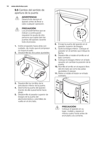 9.5 Cambio del sentido de
apertura de la puerta
ADVERTENCIA!
Desenchufe siempre el
aparato antes de llevar a
cabo cualquier operación.
PRECAUCIÓN!
Los procedimientos que se
indican a continuación
requieren la ayuda de otra
persona que sujete bien las
puertas del aparato durante
todo el proceso.
1. Incline el aparato hacia atrás con
cuidado, de modo que el compresor
no toque el suelo.
2. Desatornille las dos patas ajustables.
3. Desatornille los tornillos de la
articulación inferior de la puerta.
4. Desmonte la puerta del aparato
tirando de ella suavemente hacia
abajo.
5. Desatornille el pasador superior de
bisagra de la puerta del
electrodoméstico y atorníllelo de
vuelta en el otro lado.
2
1
6. Encaje la puerta del aparato en el
pasador superior de bisagra.
7. Quite la bisagra inferior. Coloque el
pasador en el sentido que indique la
flecha.
8. Desatornille e instale el tornillo en el
lado contrario.
9. Coloque la bisagra inferior en el lado
opuesto sin cambiar la posición de la
puerta.
10. Atornille el tornillo en el espacio libre
del otro lado así como las patas
ajustables (2 piezas).
11. Retire e instale el tirador en el lado
contrario.
1 2
3
4
PRECAUCIÓN!
Coloque el aparato en su
lugar, nivélelo y espere al
menos cuatro horas antes de
enchufarlo a la corriente.
www.electrolux.com14
 