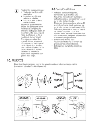 Finalmente, compruebe que:
• Todos los tornillos están
apretados.
• La junta magnética se
adhiere al mueble.
• La puerta abre y cierra
correctamente.
Es posible que la junta no
encaje a la perfección en el
mueble si la temperatura
ambiente es baja (es decir, en
invierno). En tal caso, espere
hasta que la junta se fije al
mueble de forma natural.
Si prefiere no realizar los
procedimientos anteriores,
póngase en contacto con el
centro de servicio técnico
más próximo. El personal del
centro de servicio técnico
cambiará el sentido de
apertura de las puertas con
gastos a su cargo.
9.6 Conexión eléctrica
• Antes de conectar el aparato,
compruebe que el voltaje y la
frecuencia indicados en la placa de
datos técnicos se corresponden con el
suministro de la vivienda.
• El aparato debe conectarse a tierra. El
enchufe del cable de alimentación se
suministra con un contacto para tal fin.
Si la toma de red de la vivienda carece
de conexión a tierra, conecte el
aparato a una toma de tierra conforme
con la normativa, después de consultar
a un electricista profesional
• El fabricante declina toda
responsabilidad si no se toman las
precauciones antes indicadas.
• Este aparato cumple las directivas
CEE.
10. RUIDOS
Durante el funcionamiento normal del aparato suelen producirse ciertos ruidos
(compresor, circulación del refrigerante).
BRRR!HISSS!
CLICK!
BLUBB! CRACK!
SSSRRR!
OK
CLICK! CLICK!SSSRRR! SSSRRR!
ESPAÑOL 15
 