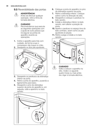 9.5 Reversibilidade das portas
ADVERTÊNCIA!
Antes de efectuar qualquer
operação, retire a ficha da
tomada eléctrica.
CUIDADO!
Recomendamos que execute
as seguintes operações com
a ajuda de outra pessoa que
irá segurar as portas do
aparelho durante as
operações.
1. Incline o aparelho para trás com
cuidado, de forma a que o
compressor não toque no chão.
2. Desaperte os dois pés ajustáveis.
3. Desaperte os parafusos da dobradiça
inferior da porta.
4. Retire a porta do aparelho, puxando-a
ligeiramente para baixo.
5. Desaperte o pino da dobradiça
superior da porta do aparelho e, em
seguida, volte a apertá-lo no lado
oposto.
2
1
6. Coloque a porta do aparelho no pino
da dobradiça superior da porta.
7. Retire a dobradiça inferior. Coloque
sobre o pino na direcção da seta.
8. Desaperte e coloque o parafuso no
lado oposto.
9. Instale a dobradiça inferior no lado
oposto, sem alterar a posição da
porta.
10. Aperte o parafuso no espaço livre do
lado contrário, assim como os pés
ajustáveis (2 peças).
11. Retire a pega e instale-a no lado
oposto.
1 2
3
4
CUIDADO!
Volte a colocar o aparelho no
sítio, nivele-o e aguarde
quatro horas ou mais antes
de o ligar à tomada eléctrica.
www.electrolux.com30
 
