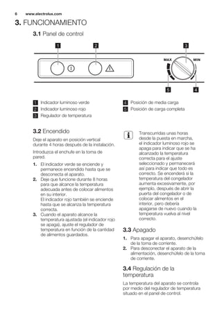 3. FUNCIONAMIENTO
3.1 Panel de control
1 2 3
5 4
1 Indicador luminoso verde
2 Indicador luminoso rojo
3 Regulador de temperatura
4 Posición de media carga
5 Posición de carga completa
3.2 Encendido
Deje el aparato en posición vertical
durante 4 horas después de la instalación.
Introduzca el enchufe en la toma de
pared.
1. El indicador verde se enciende y
permanece encendido hasta que se
desconecta el aparato.
2. Deje que funcione durante 8 horas
para que alcance la temperatura
adecuada antes de colocar alimentos
en su interior.
El indicador rojo también se enciende
hasta que se alcanza la temperatura
correcta.
3. Cuando el aparato alcance la
temperatura ajustada (el indicador rojo
se apaga), ajuste el regulador de
temperatura en función de la cantidad
de alimentos guardados.
Transcurridas unas horas
desde la puesta en marcha,
el indicador luminoso rojo se
apaga para indicar que se ha
alcanzado la temperatura
correcta para el ajuste
seleccionado y permanecerá
así para indicar que todo es
correcto. Se encenderá si la
temperatura del congelador
aumenta excesivamente, por
ejemplo, después de abrir la
puerta del congelador o de
colocar alimentos en el
interior, pero debería
apagarse de nuevo cuando la
temperatura vuelva al nivel
correcto.
3.3 Apagado
1. Para apagar el aparato, desenchúfelo
de la toma de corriente.
2. Para desconectar el aparato de la
alimentación, desenchúfelo de la toma
de corriente.
3.4 Regulación de la
temperatura
La temperatura del aparato se controla
por medio del regulador de temperatura
situado en el panel de control.
www.electrolux.com6
 