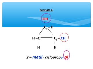 Exemplo 1:Exemplo 1:
OH
│
C1 – H
H –C C2 – CH3
│ │
H H
2 – metil - ciclopropanol
 