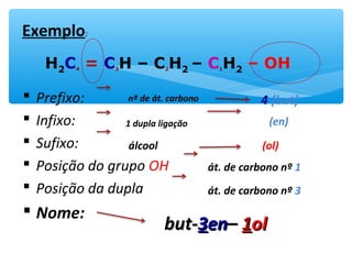  Prefixo:
 Infixo:
 Sufixo:
 Posição do grupo OH
 Posição da dupla
 Nome:
Exemplo:
H2C4 = C3H – C2H2 – C1H2 – OH
nº de át. carbono 4 (but)
1 dupla ligação (en)
álcool (ol)
át. de carbono nº 1
át. de carbono nº 3
but-but-33enen–– 11olol
 