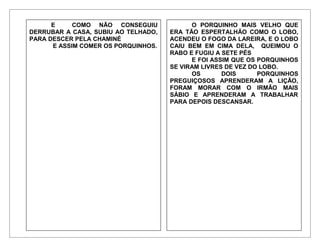 E COMO NÃO CONSEGUIU
DERRUBAR A CASA, SUBIU AO TELHADO,
PARA DESCER PELA CHAMINÉ
E ASSIM COMER OS PORQUINHOS.
O PORQUINHO MAIS VELHO QUE
ERA TÃO ESPERTALHÃO COMO O LOBO,
ACENDEU O FOGO DA LAREIRA, E O LOBO
CAIU BEM EM CIMA DELA, QUEIMOU O
RABO E FUGIU A SETE PÉS
E FOI ASSIM QUE OS PORQUINHOS
SE VIRAM LIVRES DE VEZ DO LOBO.
OS DOIS PORQUINHOS
PREGUIÇOSOS APRENDERAM A LIÇÃO,
FORAM MORAR COM O IRMÃO MAIS
SÁBIO E APRENDERAM A TRABALHAR
PARA DEPOIS DESCANSAR.
 