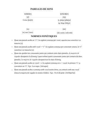 PARELLES DE SONS
SORDES SONORES
[tʃ] [dʒ]
Cotxe [kótʃə] tj; platja [pɫádʒə]
tg; fetge [fédʒə]
[ts] [dz]
NORMES FONÈTIQUES
– Quan una paraula acaba en “s” i la següent comença per vocal, aquesta essa sonoritza i es
trancriu [z].
– Quan una paraula acaba amb vocal + “s” i la següent comença per consonant sonora, la “s”
sonoritza i es transcriu [z].
– Quan ens queden tres consonants juntes per contacte entre dues paraules, la majoria de
vegades desapareix la d'enmig i quan trobam quatre consonants juntes per contacte de dues
paraules, la majoria de vegades desapareixen les dues d'enmig.
– Quan una paraula acaba en vocal + s i la següent comença en s + vocal, la primera “s” es
converteix en “t”. Vgr.: Les sopes [lət'sopəs]
– Quan una paraula acaba o comença amb vocal neutra àtona, en contacte amb una vocal
tònica la majoria de vegades la neutra s'elideix. Vgr.: Té el dit pelat ['tel'ditpə'lat]
[ts] taxi ['tatsi] [dz] exòtic [əd'zɔtik]
 