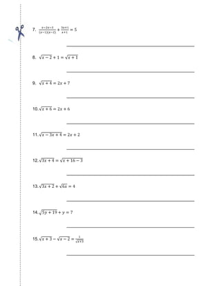 solve the equation by factoring or quadratic formula.A variety of equations can be transformed into quadratic equations and solved by methods that we have discussed in the previous section. We will consider fractional equations, equations involving radicals and equation that can be transformed into quadratic equations by appropriate substitutions. Since the transformation process may introduce extraneous roots which are not solutions of the original equation, we must always check the solution in the original equation.<br />Example: Solve      1       1       7<br />                          x+2 + x+3 = 12<br />Solution: First note that neither -2 nor -3 can be a solution since at either of these points the equation is meaningless.<br />Multiplying by the LCD, 12(x+2) (x+3), we get<br />12(x+3) + 12(x+2) = 7(x+2) (x+3)<br />24x + 60 = 7(x2 + 5x + 6)<br />or<br />7x2 + 11x – 18 = 0<br />Factoring, we get, (7x + 18)(x – 1) = 0<br />x = 1 or -18 <br />              7<br />If x = 1, _1_ _1_    _1_   _1_    _7_<br />             1+2 1+3 = 3 +   4 =   12<br />Therefore x = 1 is a solution.<br />If x = -18,    __1__   +      __1__<br />           7   -18/7 + 2       -18/7 + 3<br />= __7__  +  __7__<br />-18 + 14   -18 + 21<br />= _-7_ + _7_ = _7_<br />     4         3      12<br />Therefore, x = _-18_ is a solution.<br />                          7<br />Example 2. 3x + 4  = x + 16  - 2<br />Solution: squaring both sides of the equation, we obtain,<br />(3x+4) 2 = x + 6 + 4<br />2x – 16 = 4 x + 16 <br />Dividing both sides by 2 gives, x – 8 = -2 x + 16 <br />Squaring both sides of the equation we get  <br />   (x - 8) = (–2x + 16) 2<br />x2 - 16x + 64 = 4 (x +16)<br />x2 – 20x = 0 <br />x(x – 20) =0<br />x = 0 or x = 20                       <br />Check: if x = 0, 30+ 4 =  20+16- 2                                                           64 = 36 - 2 <br />8 = 6 – 2 <br />8 ≠ 4<br />Therefore x = 20 is not a solution of the original equation.<br />Thus the only root of 3x+4 = x+16 - 2 is 0.<br />Many equations are not quadratics equations. However, we can transform them by means of appropriate substitutions into quadratics equations and then solve these by techniques that we know.<br />Example: Solve:<br />a.   2x-2 – 7x-1 + 3 = 0<br />x4 – 2x2 – 2 = 0