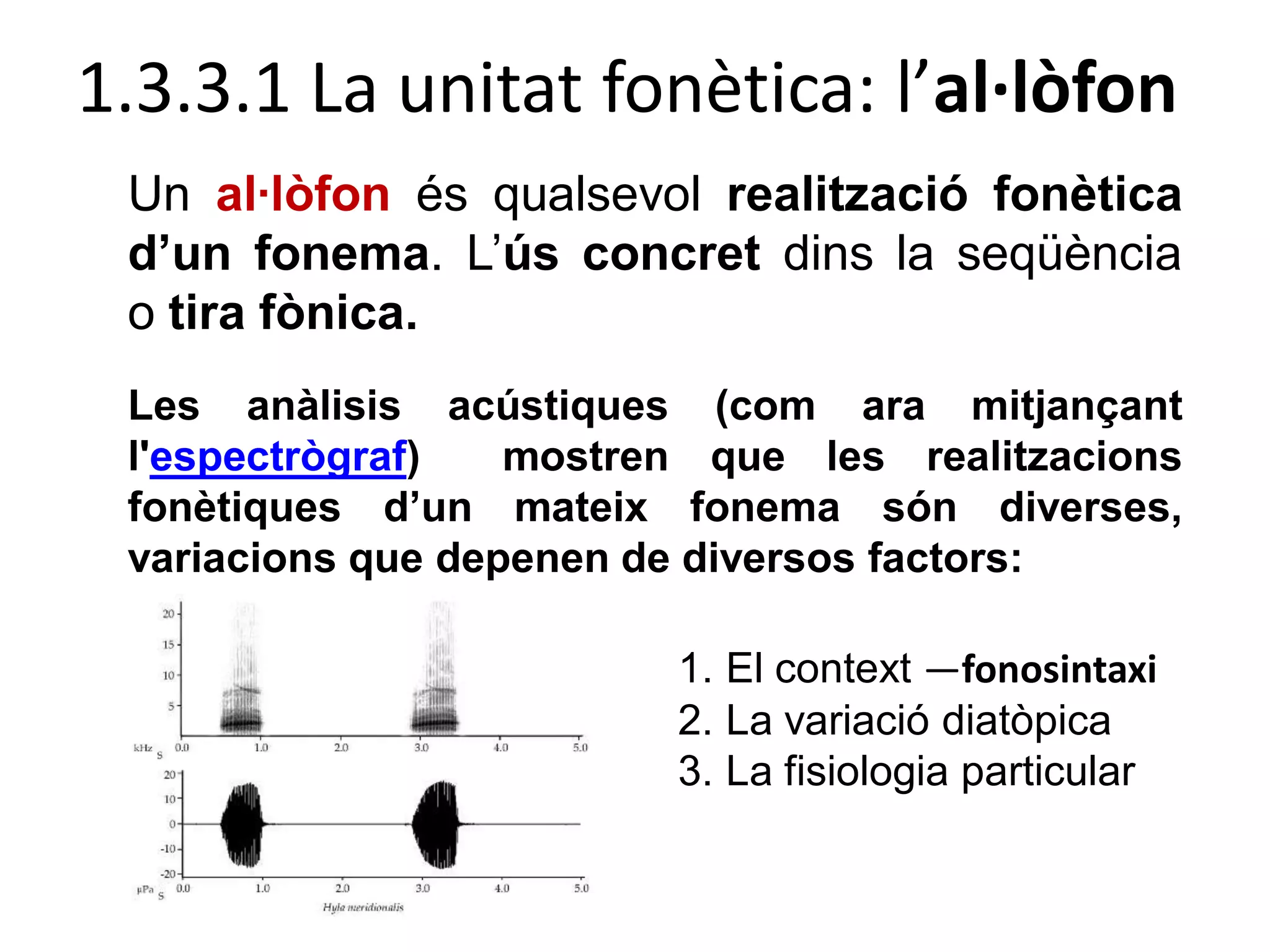 1.3.3.1 La unitat fonètica: l’al·lòfon
Un al·lòfon és qualsevol realització fonètica
d’un fonema. L’ús concret dins la seqüència
o tira fònica.
Les anàlisis acústiques (com ara mitjançant
l'espectrògraf) mostren que les realitzacions
fonètiques d’un mateix fonema són diverses,
variacions que depenen de diversos factors:
1. El context ―fonosintaxi
2. La variació diatòpica
3. La fisiologia particular
 