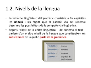 1.2. Nivells de la llengua
• La feina del lingüista o del gramàtic consisteix a fer explícites
les unitats i les regles qu...