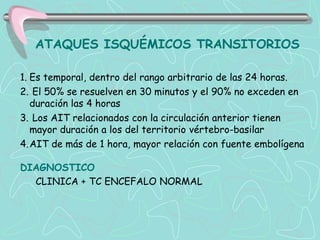 ATAQUES ISQUÉMICOS TRANSITORIOS

1. Es temporal, dentro del rango arbitrario de las 24 horas.
2. El 50% se resuelven en 30 minutos y el 90% no exceden en
   duración las 4 horas
3. Los AIT relacionados con la circulación anterior tienen
   mayor duración a los del territorio vértebro-basilar
4.AIT de más de 1 hora, mayor relación con fuente embolígena

DIAGNOSTICO
  CLINICA + TC ENCEFALO NORMAL
 