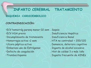 INFARTO CEREBRAL                  TRATAMIENTO
ISQUEMIA CARDIOEMBOLICO

CONTRAINDICACIÓN:

•ECV hemorrág parenq menor 02 sem   . Sepsis
•ECV HSA previo                     . Insuficiencia Hepática
•Incumplimiento de tratamiento      . Insuficiencia Renal
•Hemorragia activa <2 sem           . HTA no controlad: > 200/120
•Ulcera péptica activa              . Demencia, deterioro cognitivo
•Embarazo uso de Estrógenos         . Ingesta de alcohol excesivo
•Defecto de coagulación             . Hist de caídas 3 o más /año
•Trombocitopenia                    . Ingesta frecuente de AINEs
 