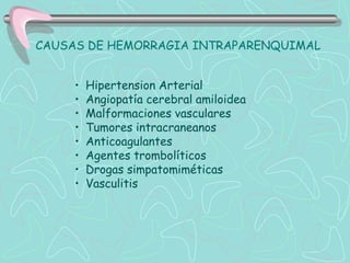 CAUSAS DE HEMORRAGIA INTRAPARENQUIMAL


     •   Hipertension Arterial
     •   Angiopatía cerebral amiloidea
     •   Malformaciones vasculares
     •   Tumores intracraneanos
     •   Anticoagulantes
     •   Agentes trombolíticos
     •   Drogas simpatomiméticas
     •   Vasculitis
 