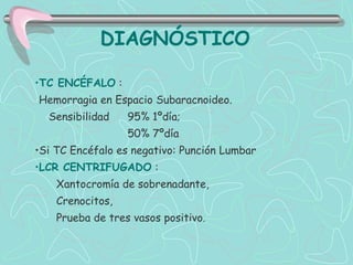 DIAGNÓSTICO

•TC ENCÉFALO :
Hemorragia en Espacio Subaracnoideo.
  Sensibilidad    95% 1ºdía;
                  50% 7ºdía
•Si TC Encéfalo es negativo: Punción Lumbar
•LCR CENTRIFUGADO :
    Xantocromía de sobrenadante,
    Crenocitos,
    Prueba de tres vasos positivo.
 