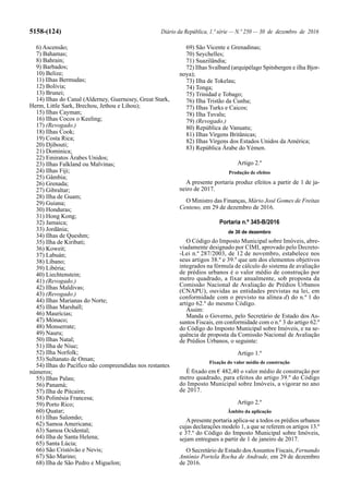 5158-(124) Diário da República, 1.ª série — N.º 250 — 30 de dezembro de 2016
6) Ascensão;
7) Bahamas;
8) Bahrain;
9) Barbados;
10) Belize;
11) Ilhas Bermudas;
12) Bolívia;
13) Brunei;
14) Ilhas do Canal (Alderney, Guernesey, Great Stark,
Herm, Little Sark, Brechou, Jethou e Lihou);
15) Ilhas Cayman;
16) Ilhas Cocos o Keeling;
17) (Revogado.)
18) Ilhas Cook;
19) Costa Rica;
20) Djibouti;
21) Dominica;
22) Emiratos Árabes Unidos;
23) Ilhas Falkland ou Malvinas;
24) Ilhas Fiji;
25) Gâmbia;
26) Grenada;
27) Gibraltar;
28) Ilha de Guam;
29) Guiana;
30) Honduras;
31) Hong Kong;
32) Jamaica;
33) Jordânia;
34) Ilhas de Queshm;
35) Ilha de Kiribati;
36) Koweit;
37) Labuán;
38) Líbano;
39) Libéria;
40) Liechtenstein;
41) (Revogado.)
42) Ilhas Maldivas;
43) (Revogado.)
44) Ilhas Marianas do Norte;
45) Ilhas Marshall;
46) Maurícias;
47) Mónaco;
48) Monserrate;
49) Nauru;
50) Ilhas Natal;
51) Ilha de Niue;
52) Ilha Norfolk;
53) Sultanato de Oman;
54) Ilhas do Pacífico não compreendidas nos restantes
números;
55) Ilhas Palau;
56) Panamá;
57) Ilha de Pitcairn;
58) Polinésia Francesa;
59) Porto Rico;
60) Quatar;
61) Ilhas Salomão;
62) Samoa Americana;
63) Samoa Ocidental;
64) Ilha de Santa Helena;
65) Santa Lúcia;
66) São Cristóvão e Nevis;
67) São Marino;
68) Ilha de São Pedro e Miguelon;
69) São Vicente e Grenadinas;
70) Seychelles;
71) Suazilândia;
72) Ilhas Svalbard (arquipélago Spitsbergen e ilha Bjor-
noya);
73) Ilha de Tokelau;
74) Tonga;
75) Trinidad e Tobago;
76) Ilha Tristão da Cunha;
77) Ilhas Turks e Caicos;
78) Ilha Tuvalu;
79) (Revogado.)
80) República de Vanuatu;
81) Ilhas Virgens Britânicas;
82) Ilhas Virgens dos Estados Unidos da América;
83) República Árabe do Yémen.
Artigo 2.º
Produção de efeitos
A presente portaria produz efeitos a partir de 1 de ja-
neiro de 2017.
O Ministro das Finanças, Mário José Gomes de Freitas
Centeno, em 29 de dezembro de 2016.
Portaria n.º 345-B/2016
de 30 de dezembro
O Código do Imposto Municipal sobre Imóveis, abre-
viadamente designado por CIMI, aprovado pelo Decreto-
-Lei n.º 287/2003, de 12 de novembro, estabelece nos
seus artigos 38.º e 39.º que um dos elementos objetivos
integrados na fórmula de cálculo do sistema de avaliação
de prédios urbanos é o valor médio de construção por
metro quadrado, a fixar anualmente, sob proposta da
Comissão Nacional de Avaliação de Prédios Urbanos
(CNAPU), ouvidas as entidades previstas na lei, em
conformidade com o previsto na alínea d) do n.º 1 do
artigo 62.º do mesmo Código.
Assim:
Manda o Governo, pelo Secretário de Estado dos As-
suntos Fiscais, em conformidade com o n.º 3 do artigo 62.º
do Código do Imposto Municipal sobre Imóveis, e na se-
quência de proposta da Comissão Nacional de Avaliação
de Prédios Urbanos, o seguinte:
Artigo 1.º
Fixação do valor médio de construção
É fixado em € 482,40 o valor médio de construção por
metro quadrado, para efeitos do artigo 39.º do Código
do Imposto Municipal sobre Imóveis, a vigorar no ano
de 2017.
Artigo 2.º
Âmbito da aplicação
Apresente portaria aplica-se a todos os prédios urbanos
cujas declarações modelo 1, a que se referem os artigos 13.º
e 37.º do Código do Imposto Municipal sobre Imóveis,
sejam entregues a partir de 1 de janeiro de 2017.
O Secretário de Estado dosAssuntos Fiscais, Fernando
António Portela Rocha de Andrade, em 29 de dezembro
de 2016.
 