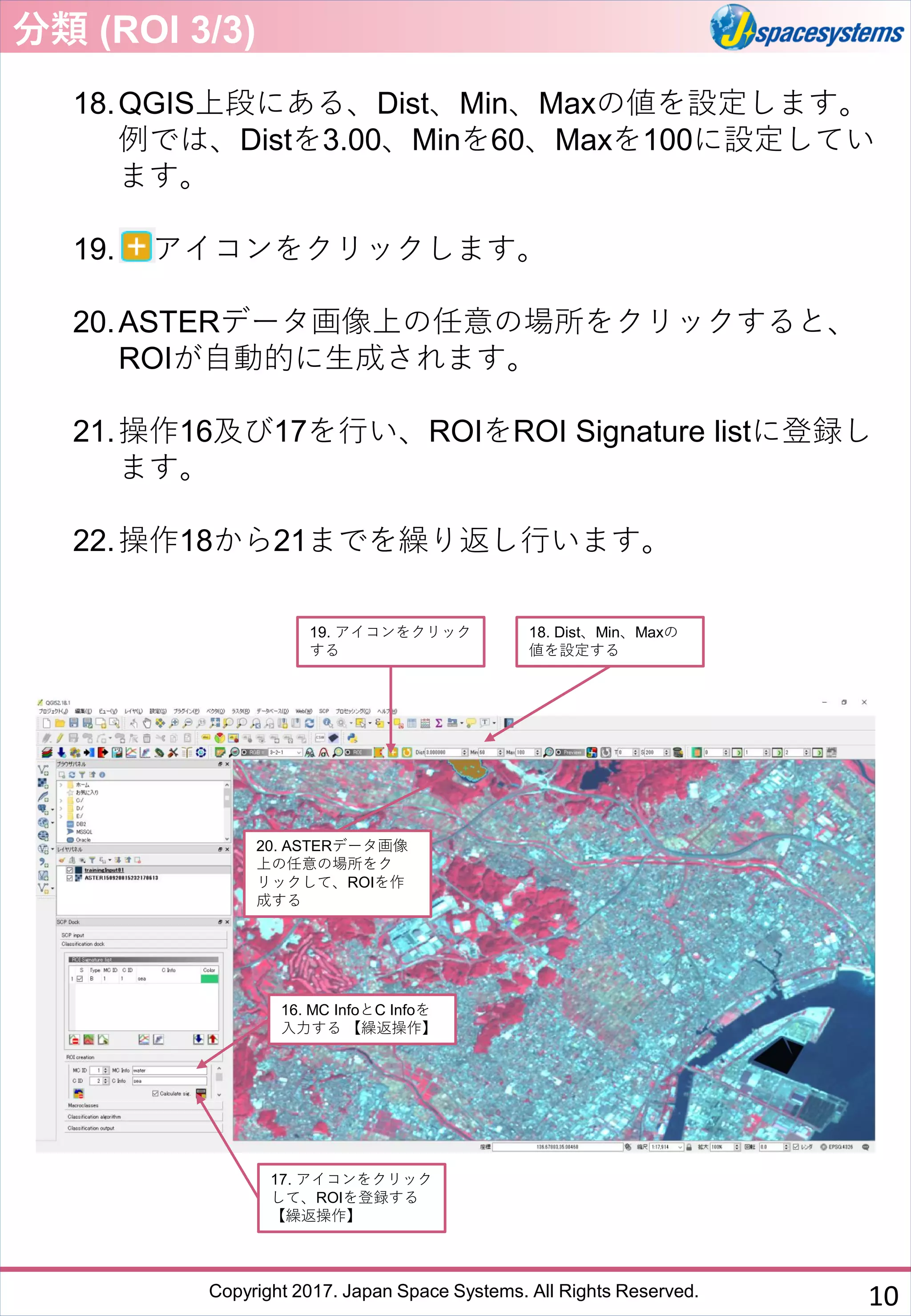 Copyright 2017. Japan Space Systems. All Rights Reserved.
18.QGIS上段にある、Dist、Min、Maxの値を設定します。
例では、Distを3.00、Minを60、Maxを100に設定してい
ます。
19. アイコンをクリックします。
20.ASTERデータ画像上の任意の場所をクリックすると、
ROIが自動的に生成されます。
21.操作16及び17を行い、ROIをROI Signature listに登録し
ます。
22.操作18から21までを繰り返し行います。
18. Dist、Min、Maxの
値を設定する
分類 (ROI 3/3)
19. アイコンをクリック
する
20. ASTERデータ画像
上の任意の場所をク
リックして、ROIを作
成する
16. MC InfoとC Infoを
入力する 【繰返操作】
17. アイコンをクリック
して、ROIを登録する
【繰返操作】
10
 