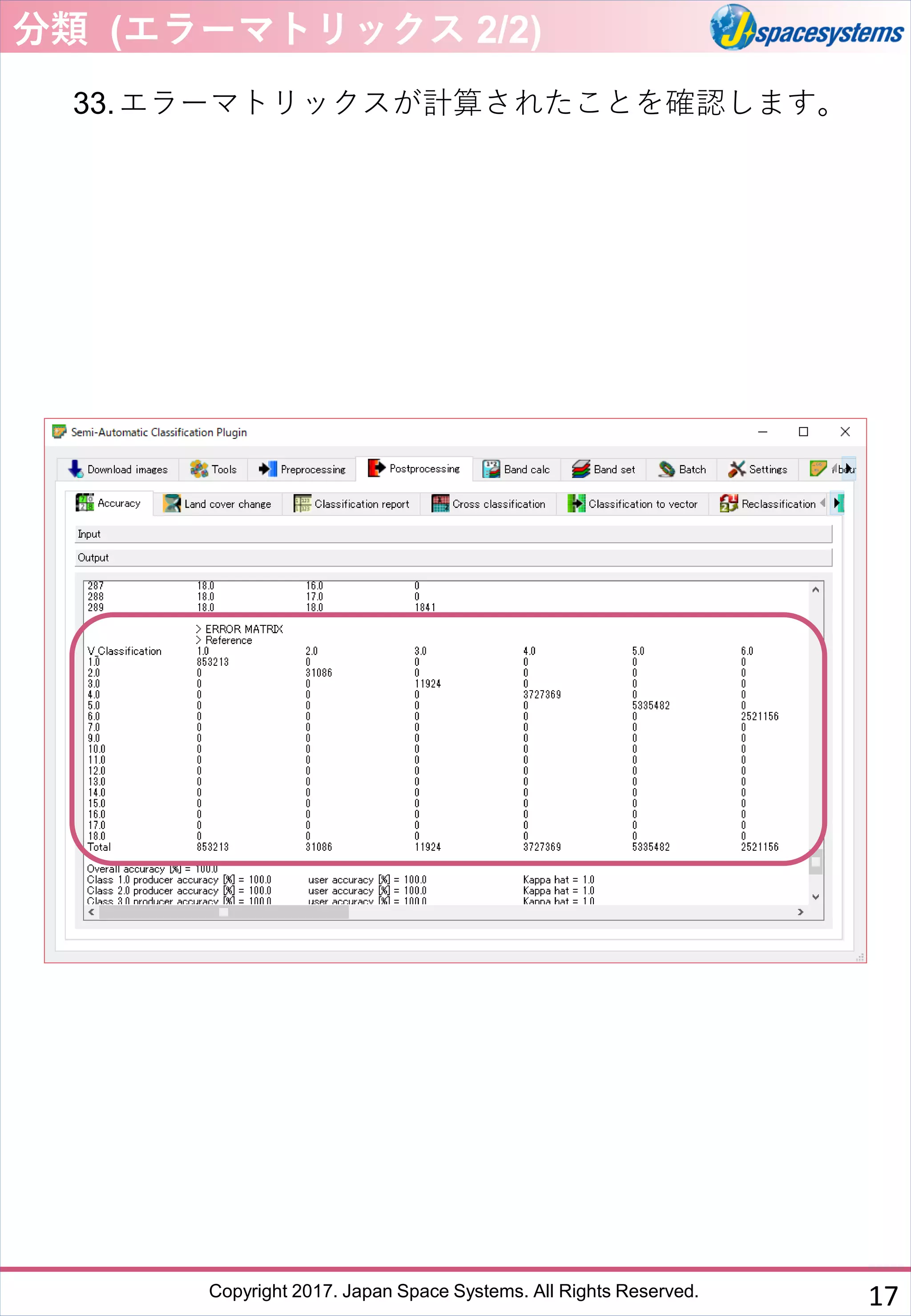 Copyright 2017. Japan Space Systems. All Rights Reserved.
33.エラーマトリックスが計算されたことを確認します。
分類 (エラーマトリックス 2/2)
17
 