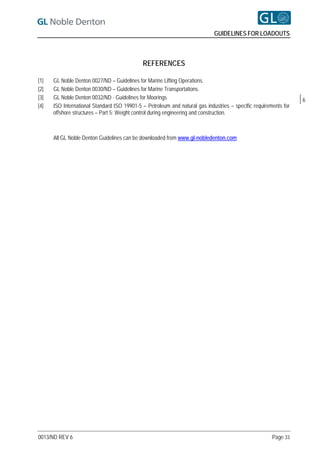 GUIDELINES FOR LOADOUTS



                                             REFERENCES

[1]   GL Noble Denton 0027/ND – Guidelines for Marine Lifting Operations.
[2]   GL Noble Denton 0030/ND – Guidelines for Marine Transportations.
[3]   GL Noble Denton 0032/ND - Guidelines for Moorings                                                           6
[4]   ISO International Standard ISO 19901-5 – Petroleum and natural gas industries – specific requirements for
      offshore structures – Part 5: Weight control during engineering and construction.



      All GL Noble Denton Guidelines can be downloaded from www.gl-nobledenton.com




0013/ND REV 6                                                                                          Page 33
 