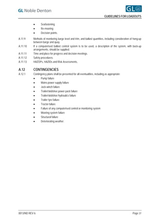 GUIDELINES FOR LOADOUTS

                 Seafastening
                 Re-mooring
                 Decision points.

A.11.9     Methods of monitoring barge level and trim, and ballast quantities, including consideration of hang-up
           between barge and quay.
A.11.10    If a computerised ballast control system is to be used, a description of the system, with back-up
           arrangements, should be supplied.
A.11.11    Time and place for progress and decision meetings.
A.11.12    Safety procedures.
A.11.13    HAZOPs, HAZIDs and Risk Assessments,

A.12       CONTINGENCIES
A.12.1     Contingency plans shall be presented for all eventualities, including as appropriate:
                Pump failure
                Mains power supply failure
                Jack-winch failure
                Trailer/skidshoe power pack failure
                Trailer/skidshoe hydraulics failure
                Trailer tyre failure
                Tractor failure
                Failure of any computerised control or monitoring system
                Mooring system failure
                Structural failure
                Deteriorating weather.




0013/ND REV 6                                                                                           Page 37
 