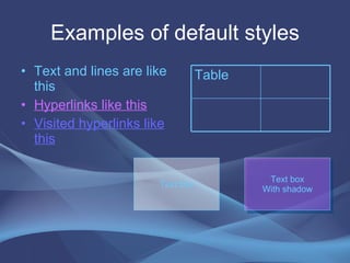 Examples of default styles Text and lines are like this Hyperlinks like this Visited hyperlinks like this Text box Text box With shadow Table 