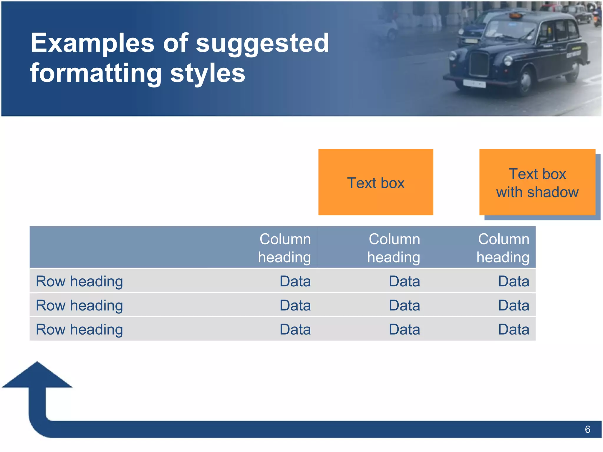 Examples of suggested formatting styles Text box Text box with shadow Data Data Data Row heading Data Data Data Row heading Data Column heading Data Column heading Data Row heading Column heading 