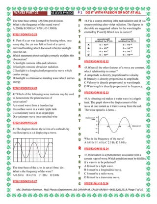WAVES PART 02 AS LEVEL PHYSICS P 1 DO IT WITH PASSION OR NOT AT ALL.
Md. Shahidur Rahman , HoD Physics Department ,BIS DAMMAM, SAUDI ARABIA +966532032518 /Page 7 of 10
The time-base setting is 0.50ms per division.
What is the frequency of the sound wave?
A 250Hz B 500Hz C 670Hz D 1300Hz
9702/11/O/N/15 Q 25
41.Part of a car was damaged by heating when, on a
sunny day, the car was left in front of a curved
mirrored building which focussed reflected sunlight
onto the car.
Which statement about sunlight correctly explains this
observation?
A Sunlight contains infra-red radiation.
B Sunlight contains ultraviolet radiation.
C Sunlight is a longitudinal progressive wave which
carries energy.
D Sunlight is a transverse standing wave which carries
energy.
9702/12/O/N/15 Q 25
42.Which of the following wave motions may be used
to demonstrate the phenomenon of
polarisation?
A a sound wave from a thunderclap
B a surface wave in a water ripple tank
C a stationary wave in an organ pipe
D a stationary wave on a stretched wire
9702/12/O/N/15 Q 26
43.The diagram shows the screen of a cathode-ray
oscilloscope (c.r.o.) displaying a wave.
The time-base of the c.r.o. is set at 10ms/ div.
What is the frequency of the wave?
A 0.24Hz B 4.2Hz C 12Hz D 24Hz
9702/12/O/N/15 Q 27
44.P is a source emitting infra-red radiation and Q is a
source emitting ultra-violet radiation. The figures in
the table are suggested values for the wavelengths
emitted by P and Q.Which row is correct?
9702/13/O/N/15 Q 22
45.When all the other features of a wave are constant,
which relationship is correct?
A Amplitude is directly proportional to velocity.
B Intensity is directly proportional to amplitude.
C Velocity is directly proportional to wavelength.
D Wavelength is directly proportional to frequency.
9702/13/O/N/15 Q 23
46.A vibrating rod makes a water wave in a ripple
tank. The graph shows the displacement of the
wave at one instant as it travels away from the rod.
The wave speed is 2.0cms–1.
What is the frequency of the wave?
A 0.8Hz B 1.6 Hz C 2.5 Hz D 5.0 Hz
9702/13/O/N/15 Q 24
47.Polarisation is a phenomenon associated with a
certain type of wave.Which condition must be fulfilled
if a wave is to be polarised?
A It must be a light wave.
B It must be a longitudinal wave.
C It must be a radio wave.
D It must be a transverse wave.
9702/11/M/J/15 Q 24
 
