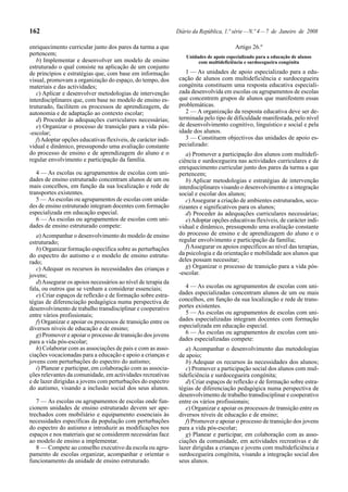 162                                                            Diário da República, 1.ª série — N.º 4 — 7 de Janeiro de 2008

enriquecimento curricular junto dos pares da turma a que                                 Artigo 26.º
pertencem;                                                         Unidades de apoio especializado para a educação de alunos
   b) Implementar e desenvolver um modelo de ensino                     com multideficiência e surdocegueira congénita
estruturado o qual consiste na aplicação de um conjunto
de princípios e estratégias que, com base em informação            1 — As unidades de apoio especializado para a edu-
visual, promovam a organização do espaço, do tempo, dos         cação de alunos com multideficiência e surdocegueira
materiais e das actividades;                                    congénita constituem uma resposta educativa especiali-
   c) Aplicar e desenvolver metodologias de intervenção         zada desenvolvida em escolas ou agrupamentos de escolas
interdisciplinares que, com base no modelo de ensino es-        que concentrem grupos de alunos que manifestem essas
truturado, facilitem os processos de aprendizagem, de           problemáticas.
autonomia e de adaptação ao contexto escolar;                      2 — A organização da resposta educativa deve ser de-
   d) Proceder às adequações curriculares necessárias;          terminada pelo tipo de dificuldade manifestada, pelo nível
   e) Organizar o processo de transição para a vida pós-        de desenvolvimento cognitivo, linguístico e social e pela
-escolar;                                                       idade dos alunos.
   f) Adoptar opções educativas flexíveis, de carácter indi-       3 — Constituem objectivos das unidades de apoio es-
vidual e dinâmico, pressupondo uma avaliação constante          pecializado:
do processo de ensino e de aprendizagem do aluno e o               a) Promover a participação dos alunos com multidefi-
regular envolvimento e participação da família.                 ciência e surdocegueira nas actividades curriculares e de
                                                                enriquecimento curricular junto dos pares da turma a que
   4 — As escolas ou agrupamentos de escolas com uni-           pertencem;
dades de ensino estruturado concentram alunos de um ou             b) Aplicar metodologias e estratégias de intervenção
mais concelhos, em função da sua localização e rede de          interdisciplinares visando o desenvolvimento e a integração
transportes existentes.                                         social e escolar dos alunos;
   5 — As escolas ou agrupamentos de escolas com unida-            c) Assegurar a criação de ambientes estruturados, secu-
des de ensino estruturado integram docentes com formação        rizantes e significativos para os alunos;
especializada em educação especial.                                d) Proceder às adequações curriculares necessárias;
   6 — Às escolas ou agrupamentos de escolas com uni-              e) Adoptar opções educativas flexíveis, de carácter indi-
dades de ensino estruturado compete:                            vidual e dinâmico, pressupondo uma avaliação constante
   a) Acompanhar o desenvolvimento do modelo de ensino          do processo de ensino e de aprendizagem do aluno e o
estruturado;                                                    regular envolvimento e participação da família;
   b) Organizar formação específica sobre as perturbações          f) Assegurar os apoios específicos ao nível das terapias,
do espectro do autismo e o modelo de ensino estrutu-            da psicologia e da orientação e mobilidade aos alunos que
rado;                                                           deles possam necessitar;
   c) Adequar os recursos às necessidades das crianças e           g) Organizar o processo de transição para a vida pós-
jovens;                                                         -escolar.
   d) Assegurar os apoios necessários ao nível de terapia da
fala, ou outros que se venham a considerar essenciais;            4 — As escolas ou agrupamentos de escolas com uni-
   e) Criar espaços de reflexão e de formação sobre estra-      dades especializadas concentram alunos de um ou mais
tégias de diferenciação pedagógica numa perspectiva de          concelhos, em função da sua localização e rede de trans-
desenvolvimento de trabalho transdisciplinar e cooperativo      portes existentes.
entre vários profissionais;                                       5 — As escolas ou agrupamentos de escolas com uni-
   f) Organizar e apoiar os processos de transição entre os     dades especializadas integram docentes com formação
diversos níveis de educação e de ensino;                        especializada em educação especial.
   g) Promover e apoiar o processo de transição dos jovens        6 — Às escolas ou agrupamentos de escolas com uni-
para a vida pós-escolar;                                        dades especializadas compete:
   h) Colaborar com as associações de pais e com as asso-          a) Acompanhar o desenvolvimento das metodologias
ciações vocacionadas para a educação e apoio a crianças e       de apoio;
jovens com perturbações do espectro do autismo;                    b) Adequar os recursos às necessidades dos alunos;
   i) Planear e participar, em colaboração com as associa-         c) Promover a participação social dos alunos com mul-
ções relevantes da comunidade, em actividades recreativas       tideficiência e surdocegueira congénita;
e de lazer dirigidas a jovens com perturbações do espectro         d) Criar espaços de reflexão e de formação sobre estra-
do autismo, visando a inclusão social dos seus alunos.          tégias de diferenciação pedagógica numa perspectiva de
                                                                desenvolvimento de trabalho transdisciplinar e cooperativo
   7 — As escolas ou agrupamentos de escolas onde fun-          entre os vários profissionais;
cionem unidades de ensino estruturado devem ser ape-               e) Organizar e apoiar os processos de transição entre os
trechados com mobiliário e equipamento essenciais às            diversos níveis de educação e de ensino;
necessidades específicas da população com perturbações             f) Promover e apoiar o processo de transição dos jovens
do espectro do autismo e introduzir as modificações nos         para a vida pós-escolar;
espaços e nos materiais que se considerem necessárias face         g) Planear e participar, em colaboração com as asso-
ao modelo de ensino a implementar.                              ciações da comunidade, em actividades recreativas e de
   8 — Compete ao conselho executivo da escola ou agru-         lazer dirigidas a crianças e jovens com multideficiência e
pamento de escolas organizar, acompanhar e orientar o           surdocegueira congénita, visando a integração social dos
funcionamento da unidade de ensino estruturado.                 seus alunos.
 