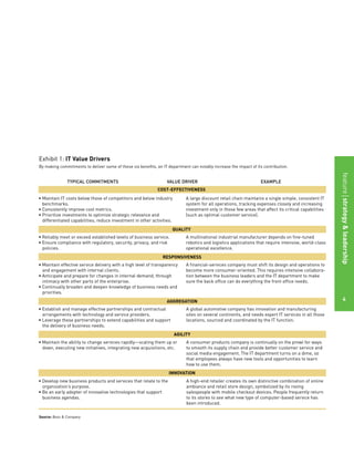 featurestitleofthearticle
4
Exhibit 1: IT Value Drivers
By making commitments to deliver some of these six benefits, an IT department can notably increase the impact of its contribution.
• Maintain IT costs below those of competitors and below industry
benchmarks.
• Consistently improve cost metrics.
• Prioritize investments to optimize strategic relevance and
differentiated capabilities; reduce investment in other activities.
• Reliably meet or exceed established levels of business service.
• Ensure compliance with regulatory, security, privacy, and risk
policies.
• Maintain effective service delivery with a high level of transparency
and engagement with internal clients.
• Anticipate and prepare for changes in internal demand, through
intimacy with other parts of the enterprise.
• Continually broaden and deepen knowledge of business needs and
priorities.
• Establish and manage effective partnerships and contractual
arrangements with technology and service providers.
• Leverage these partnerships to extend capabilities and support
the delivery of business needs.
• Maintain the ability to change services rapidly—scaling them up or
down, executing new initiatives, integrating new acquisitions, etc.
• Develop new business products and services that relate to the
organization’s purpose.
• Be an early adopter of innovative technologies that support
business agendas.
A large discount retail chain maintains a single simple, consistent IT
system for all operations, tracking expenses closely and increasing
investment only in those few areas that affect its critical capabilities
(such as optimal customer service).
A multinational industrial manufacturer depends on fine-tuned
robotics and logistics applications that require intensive, world-class
operational excellence.
A financial-services company must shift its design and operations to
become more consumer-oriented. This requires intensive collabora-
tion between the business leaders and the IT department to make
sure the back office can do everything the front office needs.
A global automotive company has innovation and manufacturing
sites on several continents, and needs expert IT services in all those
locations, sourced and coordinated by the IT function.
A consumer products company is continually on the prowl for ways
to smooth its supply chain and provide better customer service and
social media engagement. The IT department turns on a dime, so
that employees always have new tools and opportunities to learn
how to use them.
A high-end retailer creates its own distinctive combination of online
ambiance and retail store design, symbolized by its roving
salespeople with mobile checkout devices. People frequently return
to its stores to see what new type of computer-based service has
been introduced.
COST-EFFECTIVENESS
QUALITY
RESPONSIVENESS
AGGREGATION
AGILITY
INNOVATION
TYPICAL COMMITMENTS EXAMPLEVALUE DRIVER
Source: Booz & Company
featurestrategy&leadership
4
 