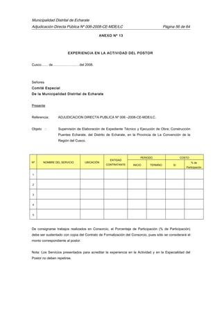 Municipalidad Distrital de Echarate
Adjudicación Directa Pública Nº 006-2008-CE-MDE/LC Página 56 de 64
ANEXO Nº 13
EXPERIENCIA EN LA ACTIVIDAD DEL POSTOR
Cusco…… de……………………del 2008.
Señores
Comité Especial
De la Municipalidad Distrital de Echarate
Presente
Referencia: ADJUDICACION DIRECTA PUBLICA Nº 006 –2008-CE-MDE/LC.
Objeto : Supervisión de Elaboración de Expediente Técnico y Ejecución de Obra; Construcción
Puentes Echarate, del Distrito de Echarate, en la Provincia de La Convención de la
Región del Cusco.
Nº NOMBRE DEL SERVICIO UBICACIÓN
ENTIDAD
CONTRATANTE
PERIODO COSTO
INICIO TERMINO S/.
% de
Participación
1
2
3
4
5
De consignarse trabajos realizados en Consorcio, el Porcentaje de Participación (% de Participación)
debe ser sustentado con copia del Contrato de Formalización del Consorcio, pues sólo se considerará el
monto correspondiente al postor.
Nota: Los Servicios presentados para acreditar la experiencia en la Actividad y en la Especialidad del
Postor no deben repetirse.
 
