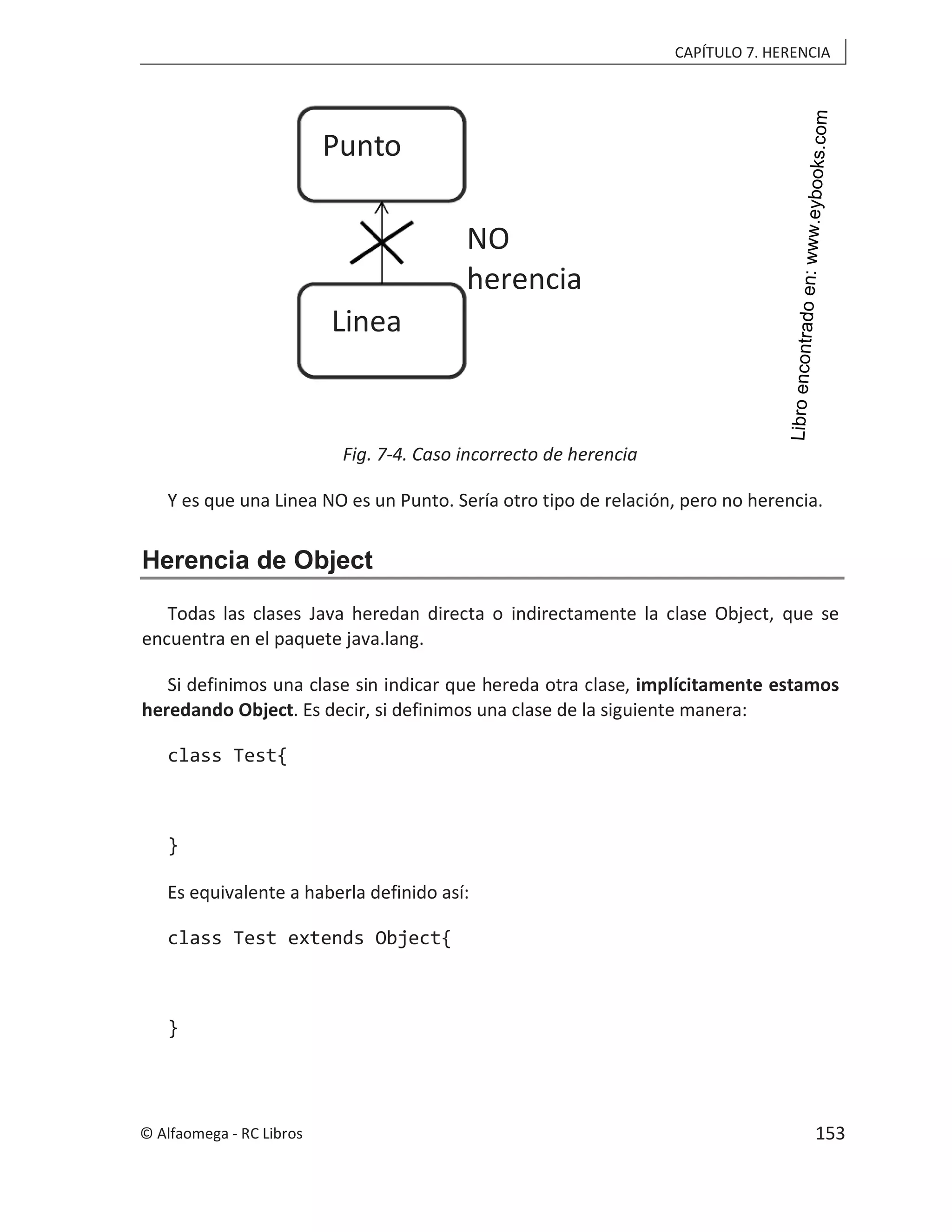 CAPÍTULO 7. HERENCIA
Fig. 7-4. Caso incorrecto de herencia
Y es que una Linea NO es un Punto. Sería otro tipo de relación, pero no herencia.
Herencia de Object
Todas las clases Java heredan directa o indirectamente la clase Object, que se
encuentra en el paquete java.lang.
Si definimos una clase sin indicar que hereda otra clase, implícitamente estamos
heredando Object. Es decir, si definimos una clase de la siguiente manera:
class Test{
}
Es equivalente a haberla definido así:
class Test extends Object{
}
Punto
Linea
NO
herencia
© Alfaomega - RC Libros 153
 