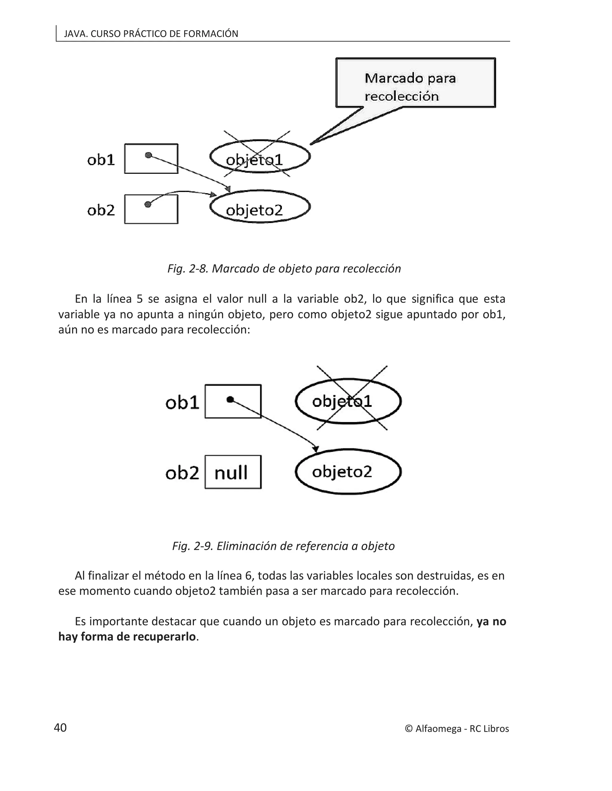 JAVA. CURSO PRÁCTICO DE FORMACIÓN
Fig. 2-8. Marcado de objeto para recolección
En la línea 5 se asigna el valor null a la variable ob2, lo que significa que esta
variable ya no apunta a ningún objeto, pero como objeto2 sigue apuntado por ob1,
aún no es marcado para recolección:
Fig. 2-9. Eliminación de referencia a objeto
Al finalizar el método en la línea 6, todas las variables locales son destruidas, es en
ese momento cuando objeto2 también pasa a ser marcado para recolección.
Es importante destacar que cuando un objeto es marcado para recolección, ya no
hay forma de recuperarlo.
© Alfaomega - RC Libros
40
 