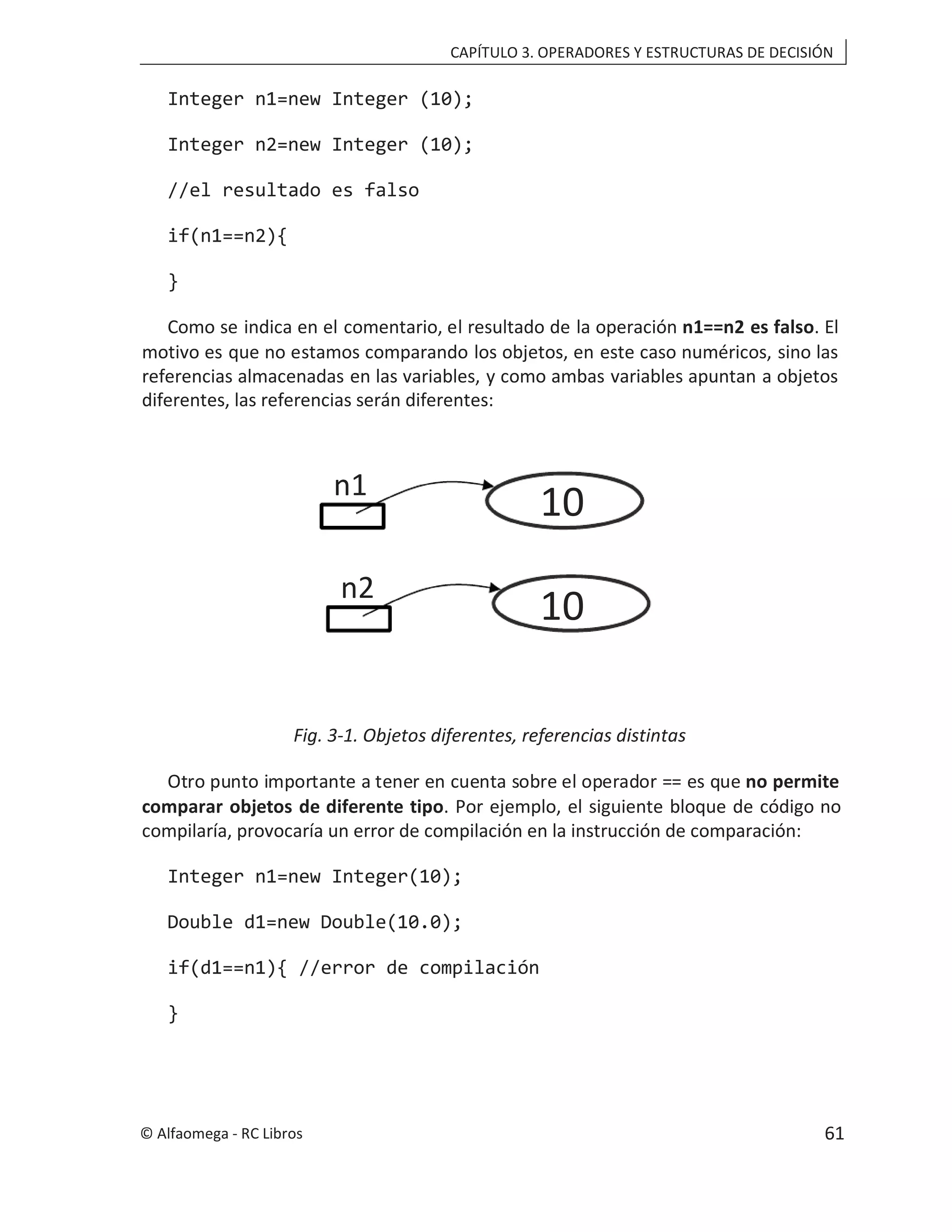 CAPÍTULO 3. OPERADORES Y ESTRUCTURAS DE DECISIÓN
Integer n1=new Integer (10);
Integer n2=new Integer (10);
//el resultado es falso
if(n1==n2){
}
Como se indica en el comentario, el resultado de la operación n1==n2 es falso. El
motivo es que no estamos comparando los objetos, en este caso numéricos, sino las
referencias almacenadas en las variables, y como ambas variables apuntan a objetos
diferentes, las referencias serán diferentes:
Fig. 3-1. Objetos diferentes, referencias distintas
Otro punto importante a tener en cuenta sobre el operador == es que no permite
comparar objetos de diferente tipo. Por ejemplo, el siguiente bloque de código no
compilaría, provocaría un error de compilación en la instrucción de comparación:
Integer n1=new Integer(10);
Double d1=new Double(10.0);
if(d1==n1){ //error de compilación
}
10
n1
n2
10
© Alfaomega - RC Libros 61
 