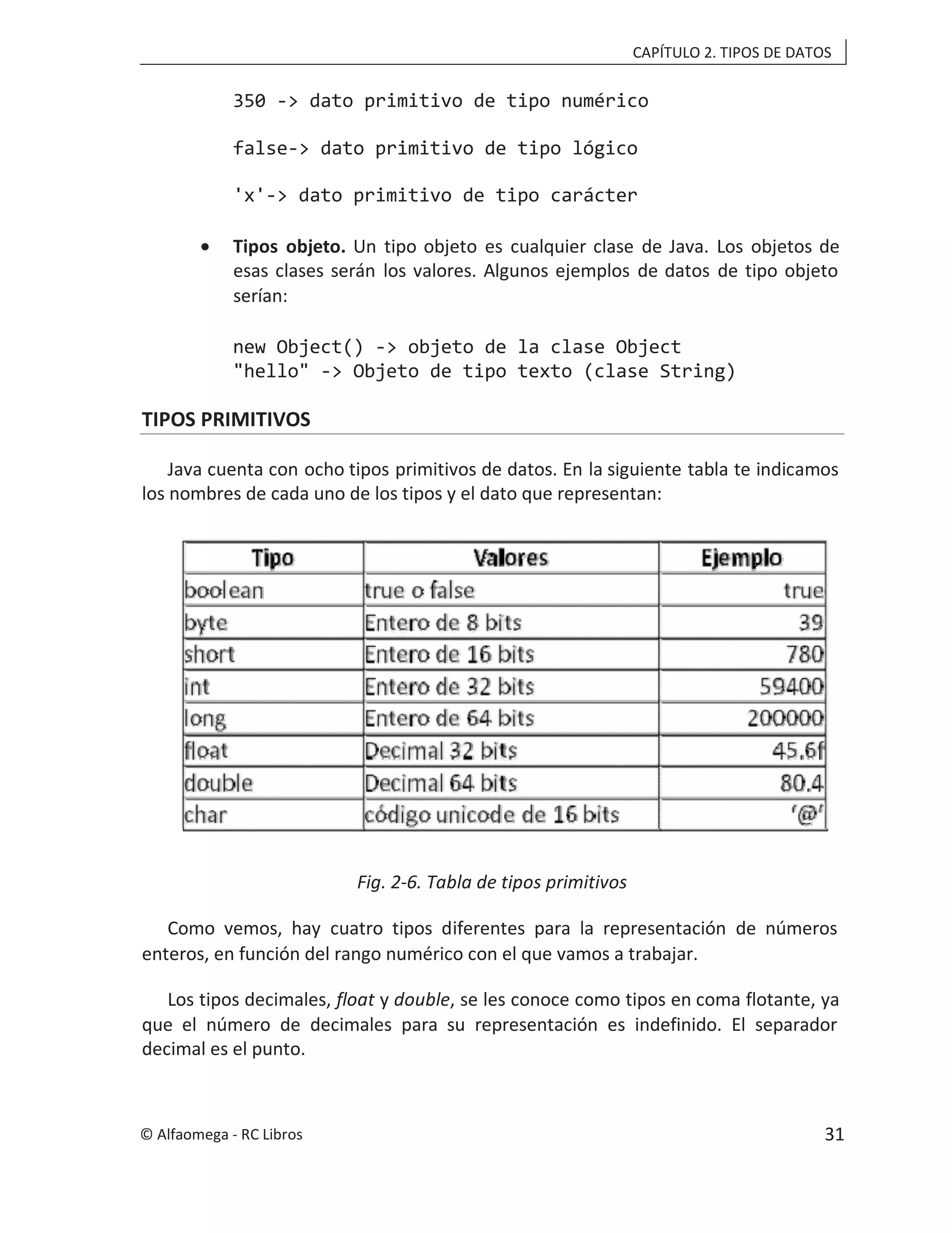 CAPÍTULO 2. TIPOS DE DATOS
350 -> dato primitivo de tipo numérico
false-> dato primitivo de tipo lógico
'x'-> dato primitivo de tipo carácter
• Tipos objeto. Un tipo objeto es cualquier clase de Java. Los objetos de
esas clases serán los valores. Algunos ejemplos de datos de tipo objeto
serían:
new Object() -> objeto de la clase Object
"hello" -> Objeto de tipo texto (clase String)
TIPOS PRIMITIVOS
Java cuenta con ocho tipos primitivos de datos. En la siguiente tabla te indicamos
los nombres de cada uno de los tipos y el dato que representan:
Fig. 2-6. Tabla de tipos primitivos
Como vemos, hay cuatro tipos diferentes para la representación de números
enteros, en función del rango numérico con el que vamos a trabajar.
Los tipos decimales, float y double, se les conoce como tipos en coma flotante, ya
que el número de decimales para su representación es indefinido. El separador
decimal es el punto.
© Alfaomega - RC Libros 31
 