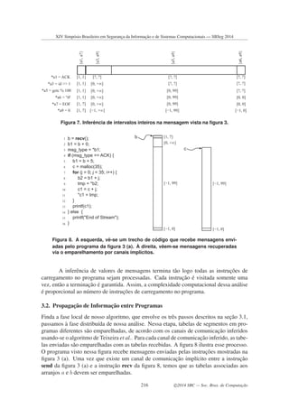 *a1 = ACK
*a3 = id >> 1
*a5 = getc % 100
*a6 = '0'
*a7 = EOF
*a9 = 0
{a1,a7}
{a3,a9}
{a5,a9}
{a6,a9}
[1, 1]
[0, +!][1, 1]
[0, +!][1, 1] [0, 99]
[0, +!][1, 1] [0, 99] [0, 0]
[0, +!][1, 7] [0, 99] [0, 0]
["1, +!][1, 7] ["1, 99] ["1, 0]
[?, ?]
[?, ?]
[?, ?]
[?, ?]
[?, ?]
[?, ?]
Figura 7. Inferˆencia de intervalos inteiros na mensagem vista na ﬁgura 3.
b = recv();
b1 = b + 0;
msg_type = *b1;
if (msg_type == ACK) {
b1 = b + 5;
c = malloc(35);
for (j = 0; j < 35; i++) {
b2 = b1 + j;
tmp = *b2;
c1 = c + j;
*c1 = tmp;
}
printf(c1);
} else {
printf("End of Stream");
}
[1, 7]
[0, +!]
["1, 99]
["1, 0]
b
["1, 99]
["1, 0]
c
1
2
3
4
5
6
7
8
9
10
11
12
13
14
15
16
Figura 8. A esquerda, vˆe-se um trecho de c´odigo que recebe mensagens envi-
adas pelo programa da ﬁgura 3 (a). `A direita, vˆeem-se mensagens recuperadas
via o emparelhamento por canais impl´ıcitos.
A inferˆencia de valores de mensagens termina t˜ao logo todas as instruc¸˜oes de
carregamento no programa sejam processadas. Cada instruc¸˜ao ´e visitada somente uma
vez, ent˜ao a terminac¸˜ao ´e garantida. Assim, a complexidade computacional dessa an´alise
´e proporcional ao n´umero de instruc¸˜oes de carregamento no programa.
3.2. Propagac¸˜ao de Informac¸˜ao entre Programas
Finda a fase local de nosso algoritmo, que envolve os trˆes passos descritos na sec¸˜ao 3.1,
passamos `a fase distribu´ıda de nossa an´alise. Nessa etapa, tabelas de segmentos em pro-
gramas diferentes s˜ao emparelhadas, de acordo com os canais de comunicac¸˜ao inferidos
usando-se o algoritmo de Teixeira et al.. Para cada canal de comunicac¸˜ao inferido, as tabe-
las enviadas s˜ao emparelhadas com as tabelas recebidas. A ﬁgura 8 ilustra esse processo.
O programa visto nessa ﬁgura recebe mensagens enviadas pelas instruc¸˜oes mostradas na
ﬁgura 3 (a). Uma vez que existe um canal de comunicac¸˜ao impl´ıcito entre a instruc¸˜ao
send da ﬁgura 3 (a) e a instruc¸˜ao recv da ﬁgura 8, temos que as tabelas associadas aos
arranjos a e b devem ser emparelhadas.
XIV Simpósio Brasileiro em Segurança da Informação e de Sistemas Computacionais — SBSeg 2014
216 c 2014 SBC — Soc. Bras. de Computação
 