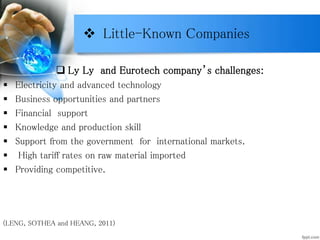 Little-Known Companies
 Ly Ly and Eurotech company’s challenges:
 Electricity and advanced technology
 Business opportunities and partners
 Financial support
 Knowledge and production skill
 Support from the government for international markets.
 High tariff rates on raw material imported
 Providing competitive.
(LENG, SOTHEA and HEANG, 2011)
 