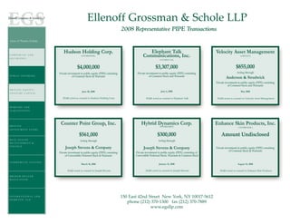 Ellenoff Grossman & Schole LLP
                                                                                     2008 Representative PIPE Transactions
Areas of Practice Include:


                                 Hudson Holding Corp.                                                Elephant Talk                                     Velocity Asset Management
CORPORATE AND
SECURITIES
                                                (OTCBB:HDHL)                                      Communications, Inc.                                                      (AMEX:JVI)
                                                                                                                 (OTCBB:ETAK)


                                             $4,000,000                                                      $3,307,000                                                  $855,000
                             Private investment in public equity (PIPE) consisting           Private investment in public equity (PIPE) consisting                       Acting through
PUBLIC OFFERING                         of Common Stock & Warrants                                     of Common Stock and Warrants
                                                                                                                                                                Anderson & Strudwick
                                                                                                                                                       Private investment in public equity (PIPE) consisting
                                                                                                                                                                 of Common Stock and Warrants
P R I VA T E E Q U I T Y /
                                                 June 20, 2008                                                    June 6, 2008                                               May 2008
VENTURE CAPITAL

                                EG&S acted as counsel to Hudson Holding Corp.                        EG&S acted as counsel to Elephant Talk             EG&S acted as counsel to Velocity Asset Management


MERGERS AND
ACQUISITIONS




P R I VA T E
                              Counter Point Group, Inc.                                         Hybrid Dynamics Corp.
                                                                                                       (OTCBB:HBDY)
                                                                                                                                                       Enhance Skin Products, Inc.
                                                                                                                                                                          ( OTCBB:EHSK )
INVESTMENT FUNDS

                                               $561,000                                                        $300,000                                    Amount Undisclosed
REAL ESTATE
                                               Acting through                                                   Acting through
DEVELOPMENT &
FINANCE
                                  Joseph Stevens & Company                                        Joseph Stevens & Company                             Private investment in public equity (PIPE) consisting
                                                                                                                                                                  of Common Stock & Warrants
                             Private investment in public equity (PIPE) consisting          Private investment in public equity (PIPE) consisting of
                                  of Convertible Preferred Stock & Warrants                 Convertible Preferred Stock, Warrants & Common Stock

COMMERCIAL LEASING
                                                March 18, 2008                                                  January 31, 2008                                          August 14, 2008

                                    EG&S acted as counsel to Joseph Stevens                         EG&S acted as counsel to Joseph Stevens               EG&S acted as counsel to Enhance Skin Products

BROKER-DEALER
REGULATION




INTERNATIONAL AND                                                                    150 East 42nd Street New York, NY 10017-5612
DOMESTIC TAX
                                                                                        phone (212) 370-1300 fax (212) 370-7889
                                                                                                    www.egsllp.com
 