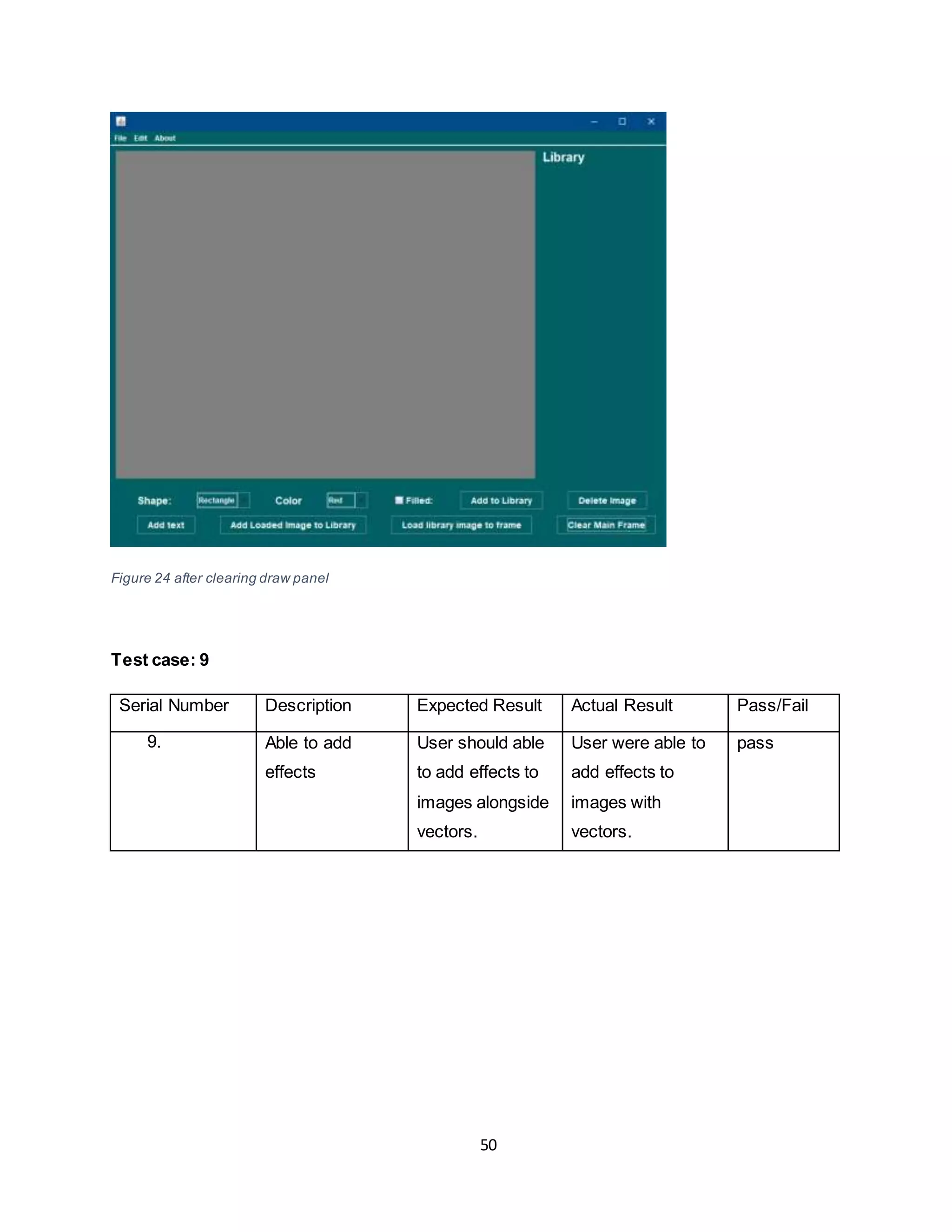 50
Figure 24 after clearing draw panel
Test case: 9
Serial Number Description Expected Result Actual Result Pass/Fail
9. Able to add
effects
User should able
to add effects to
images alongside
vectors.
User were able to
add effects to
images with
vectors.
pass
 