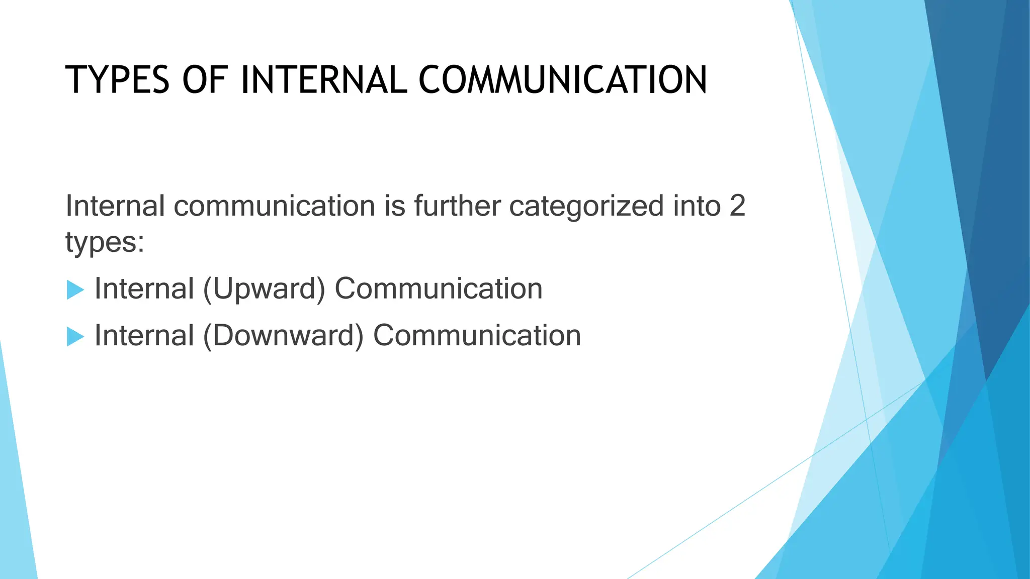 TYPES OF INTERNAL COMMUNICATION
Internal communication is further categorized into 2
types:
Internal (Upward) Communication
Internal (Downward) Communication